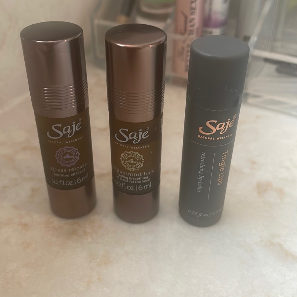 Saje Energy & Stress Release peppermint halo rollers Tingle Lips Balm
